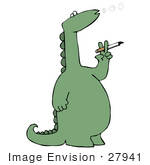#27941 Clip Art Graphic Of A Unhealthy Green Dinosaur Holding A Cigarette And Blowing Out O Shaped Rings Of Smoke