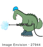 #27944 Clip Art Graphic Of A Green Dinosaur Worker Operating A Pressure Washer Nozzle