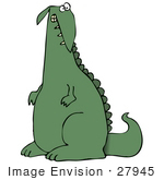 #27945 Clip Art Graphic Of A Green Dinosaur With A Guilty Or Crazy Facial Expression Looking Back Over His Shoulder