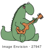 #27947 Clip Art Graphic Of A Musical Green Dinosaur Singing And Playing A Guitar
