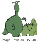 #27948 Clip Art Graphic Of A Green Dinosaur Standing Upright And Walking Another Dinosaur On A Leash