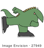 #27949 Clip Art Graphic Of A Happy Green Dinosaur Ice Skating