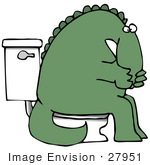 #27951 Clip Art Graphic Of A Sick Green Dinosaur With Irritable Bowel Syndrome (Ibs) Sitting On A Toilet In A Bathroom