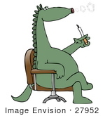 #27952 Clip Art Graphic Of A Green Lung Cancer Ridden Dinosaur Sitting Cross Legged In A Chair And Blowing Smoke Circles While Smoking A Cigarette