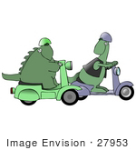 #27953 Clip Art Graphic Of A Pair Of Green Dinosaurs On Green And Purple Scooters Racing On The Street