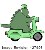 #27956 Clip Art Graphic Of A Cool Green Dinosaur In A Helmet Riding On A Green Scooter