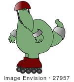 #27957 Clip Art Graphic Of A Cautious Green Dinosaur Rollerblading With Safety Pads And A Helmet