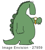 #27959 Clip Art Graphic Of A Late Green Dinosaur Looking At His Wrist Watch To Check The Time
