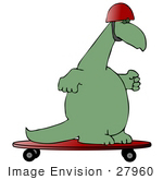 #27960 Clip Art Graphic Of A Green Dinosaur Skateboarding On A Red Skateboard And Wearing A Safety Helmet