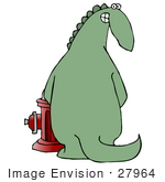 #27964 Clip Art Graphic Of A Mischievous Dinosaur Urinating On A Red Fire Hydrant And Looking Back And Grinning