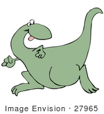 #27965 Clip Art Graphic Of A Fast Green Dinosaur Looking Back Over His Shoulder While Running