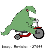 #27966 Clip Art Graphic Of A Green Dinosaur Riding A Red Trike