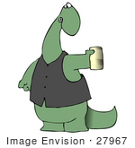 #27967 Clip Art Graphic Of A Green Dinosaur Wearing A Vest And Holding Out A Can Of Beer