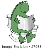 #27968 Clip Art Graphic Of A Green Dinosaur Taking A Leisurely Poo While Reading A Newspaper And Sitting On A Toilet In A Bathroom
