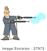 #27973 Clip Art Graphic Of A Caucasian Man Operating Two Power Washer Nozzles At Once