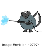 #27974 Clip Art Graphic Of A Humanlike Industrial Skunk Wearing Coveralls And Operating A Power Washer Nozzle