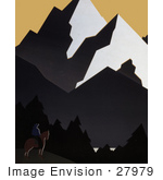 #27979 Man On Horseback Viewing Forests And Mountains In Montana Stock Illustration