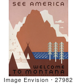 #27982 Native American Tipis And Rock Art By A River And Mountains In Montana Travel Stock Illustration