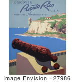 #27986 War Cannon By A Cliff Over The Harbor With A Veiw Of The Bartizan At Fort San Felipe Del Morro In Puerto Rico Travel Stock Illustration