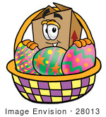 #28013 Clip Art Graphic Of A Cardboard Shipping Box Cartoon Character In An Easter Basket Full Of Decorated Easter Eggs