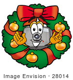 #28014 Clip Art Graphic Of A Flash Camera Cartoon Character In The Center Of A Christmas Wreath