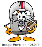 #28015 Clip Art Graphic Of A Flash Camera Cartoon Character In A Helmet Holding A Football