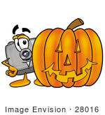 #28016 Clip Art Graphic Of A Flash Camera Cartoon Character With A Carved Halloween Pumpkin