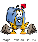 #28024 Clip Art Graphic Of A Blue Snail Mailbox Cartoon Character Lifting A Heavy Barbell