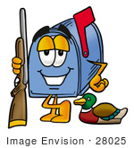 #28025 Clip Art Graphic Of A Blue Snail Mailbox Cartoon Character Duck Hunting Standing With A Rifle And Duck