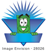 #28026 Clip Art Graphic Of A Flat Green Dollar Bill Cartoon Character On A Blue Label Logo With A Burst