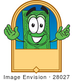 #28027 Clip Art Graphic Of A Flat Green Dollar Bill Cartoon Character On A Blank Tan Label