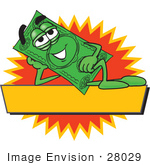 #28029 Clip Art Graphic Of A Flat Green Dollar Bill Cartoon Character Reclining Over A Blank Yellow Label With A Burst