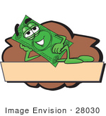 #28030 Clip Art Graphic Of A Flat Green Dollar Bill Cartoon Character Reclining Over A Tan Label And A Brown Background On A Logo