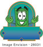 #28031 Clip Art Graphic Of A Flat Green Dollar Bill Cartoon Character On A Blank Green And Blue Label Logo