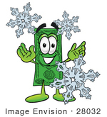 #28032 Clip Art Graphic Of A Flat Green Dollar Bill Cartoon Character With Three Snowflakes In Winter