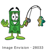 #28033 Clip Art Graphic Of A Flat Green Dollar Bill Cartoon Character Holding A Fish On A Fishing Pole