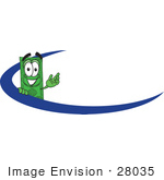 #28035 Clip Art Graphic Of A Flat Green Dollar Bill Cartoon Character Waving While Standing Behind A Blue Dash On A Logo Or Employee Nametag