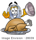 #28039 Clip Art Graphic Of A Blue Handled Magnifying Glass Cartoon Character Serving A Thanksgiving Turkey On A Platter