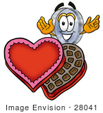 #28041 Clip Art Graphic Of A Blue Handled Magnifying Glass Cartoon Character With An Open Box Of Valentines Day Chocolate Candies