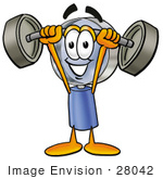 #28042 Clip Art Graphic Of A Blue Handled Magnifying Glass Cartoon Character Holding A Heavy Barbell Above His Head