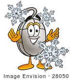 #28050 Clip Art Graphic Of A Wired Computer Mouse Cartoon Character Surrounded By Falling Snowflakes In Winter