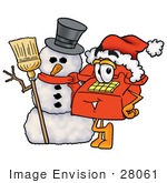 #28061 Clip Art Graphic Of A Red Landline Telephone Cartoon Character With A Snowman On Christmas
