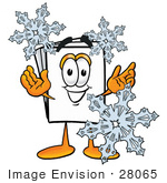 #28065 Clip Art Graphic Of A White Copy And Print Paper Cartoon Character Surrounded By Falling Snowflakes In Winter
