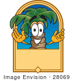 #28069 Clip Art Graphic Of A Tropical Palm Tree Cartoon Character On A Blank Tan Label Logo