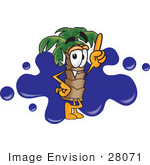 #28071 Clip Art Graphic Of A Tropical Palm Tree Cartoon Character Pointing Upwards In Front Of A Blue Paint Splatter On A Logo