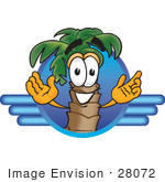 #28072 Clip Art Graphic Of A Tropical Palm Tree Cartoon Character On A Blue Logo