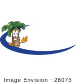 #28075 Clip Art Graphic Of A Tropical Palm Tree Cartoon Character Waving Behind A Blue Dash On An Employee Nametag Or Logo