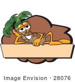 #28076 Clip Art Graphic Of A Tropical Palm Tree Cartoon Character Reclining Over A Tan Label