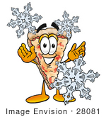 #28081 Clip Art Graphic Of A Cheese Pizza Slice Cartoon Character Surrounded By Falling Snowflakes In Winter