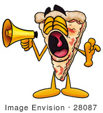 #28087 Clip Art Graphic Of A Cheese Pizza Slice Cartoon Character Screaming Into A Megaphone